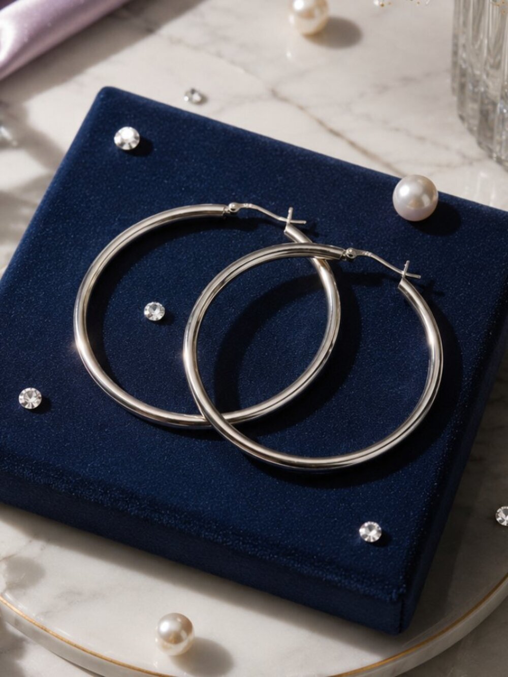 Silver Round Hoop Earrings Large 2" White Gold Plated Stainless Steel Minimalist